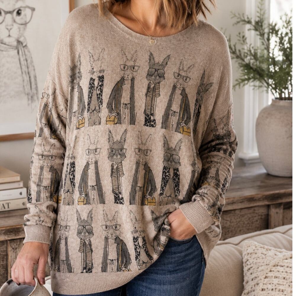 Shana Bunny Rabbit Sweater Womens L Wool Blend Whimsical Art to Wear Lagenlook